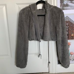 grey, soft, fuzzy, cropped, zip up